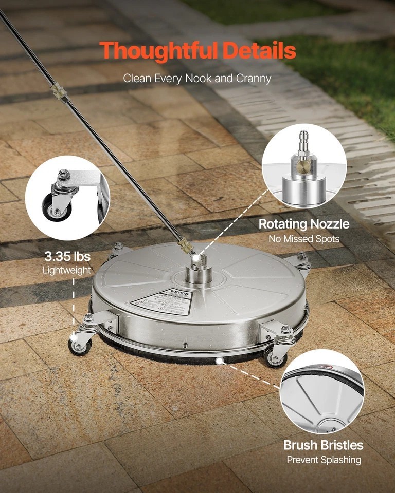 18″ Pressure Washer Surface Cleaner 4000 PSI Stainless Steel with 2 Wands