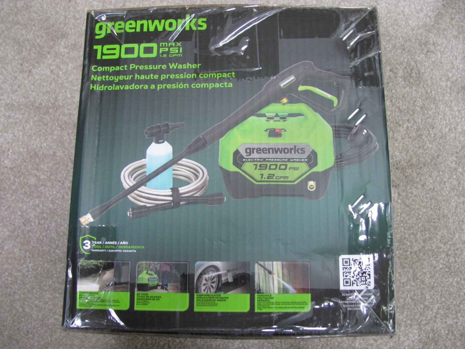 New Greenworks 1900 MAX PSI 1.2 GPM Electric Compact Pressure Washer (GPW1901)