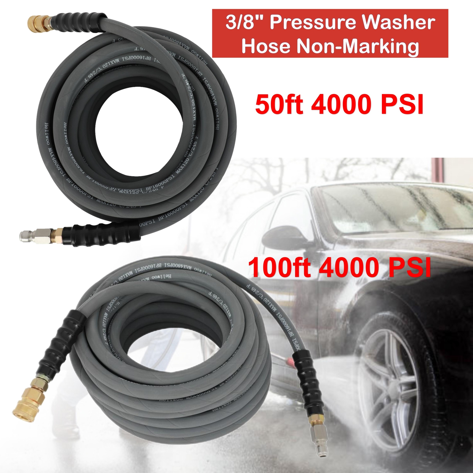 50 ft / 100 ft 3/8″ 4000 PSI Pressure Washer Hose Non-Marking Gray With Couplers