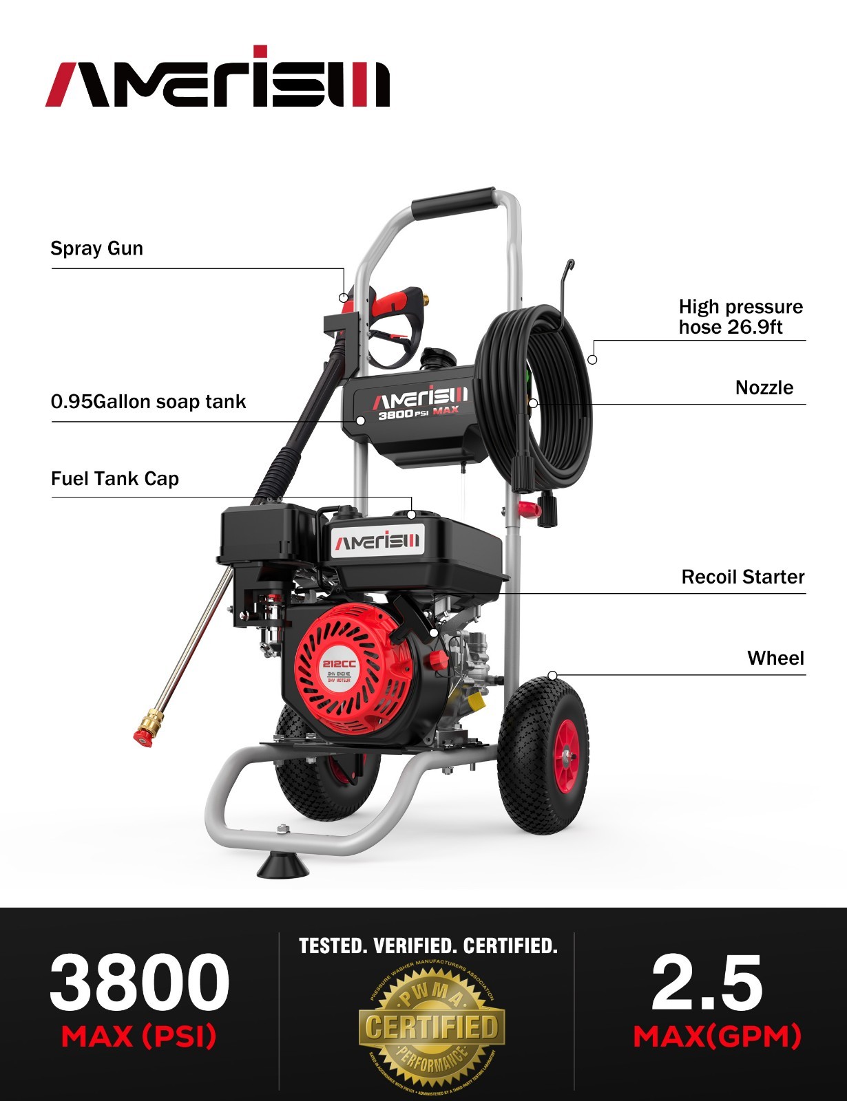 Amerisun 3800 PSI Gas High Pressure Washer, 2.5 GPM, 212cc Engine
