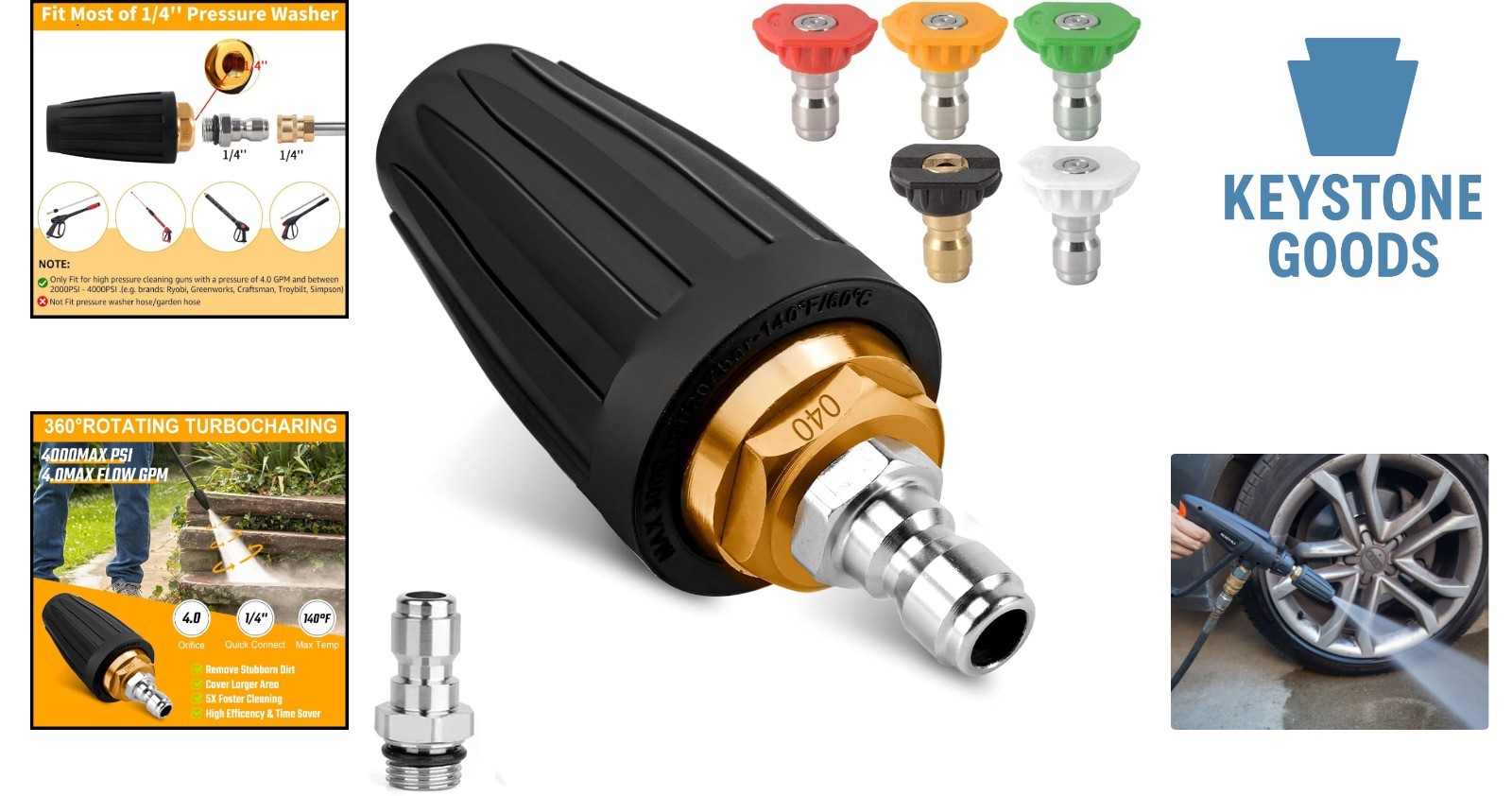 4000 PSI Pressure Washer Turbo Nozzle Kit with 5 Tips & 360° Rotation