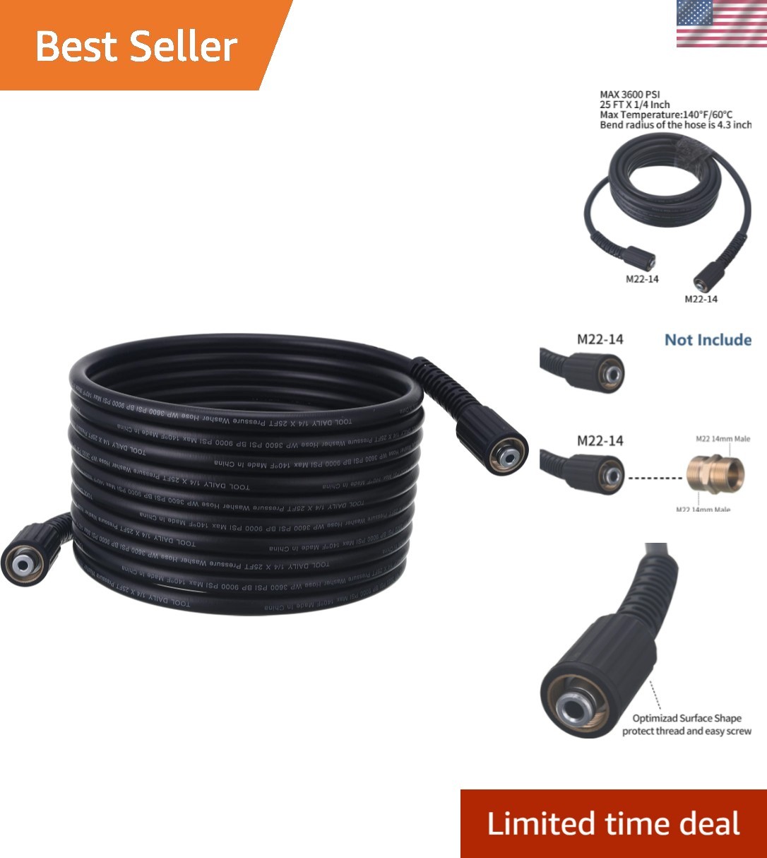 Durable 25 FT High Pressure Washer Hose 3600 PSI M22 14mm – Compatible with M…