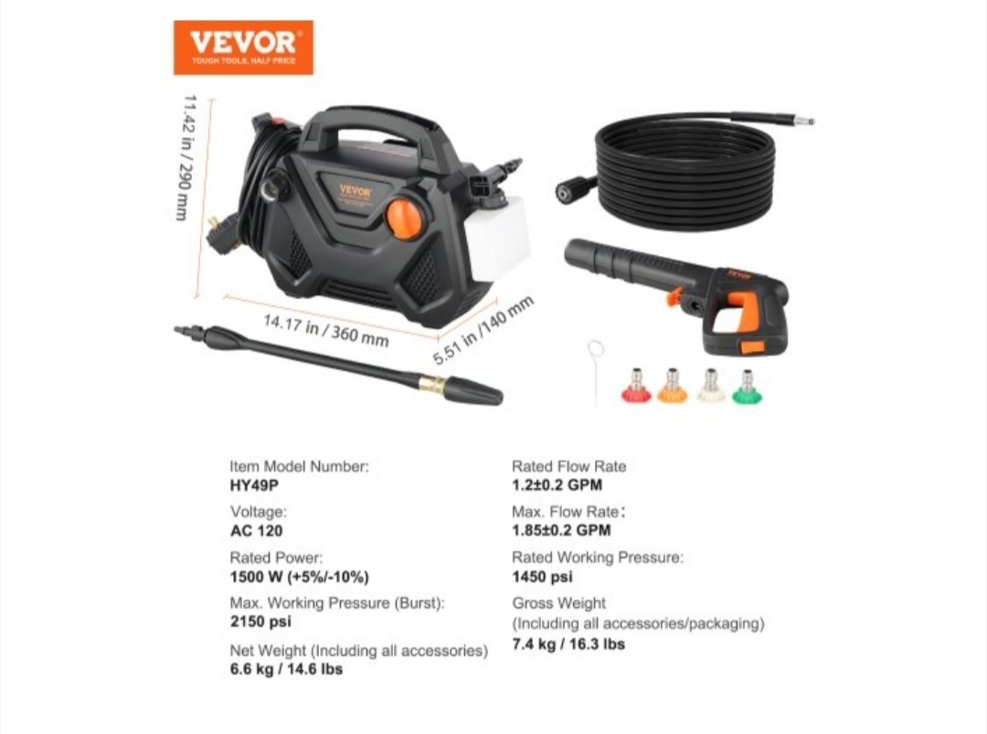 VEVOR Cold Water Corded Electric Pressure Washer 2150 PSI HY49P Kit
