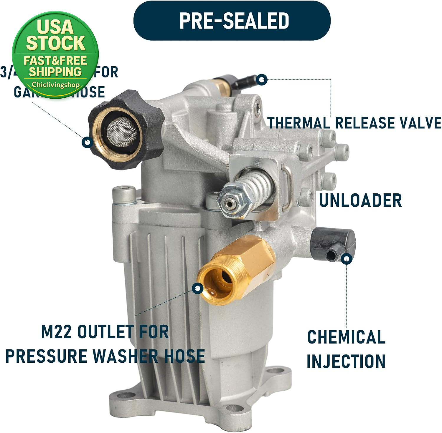 3400PSI 2.5GPM Pressure Washer Pump Replacement 3-4 Horizontal Shaft Kit