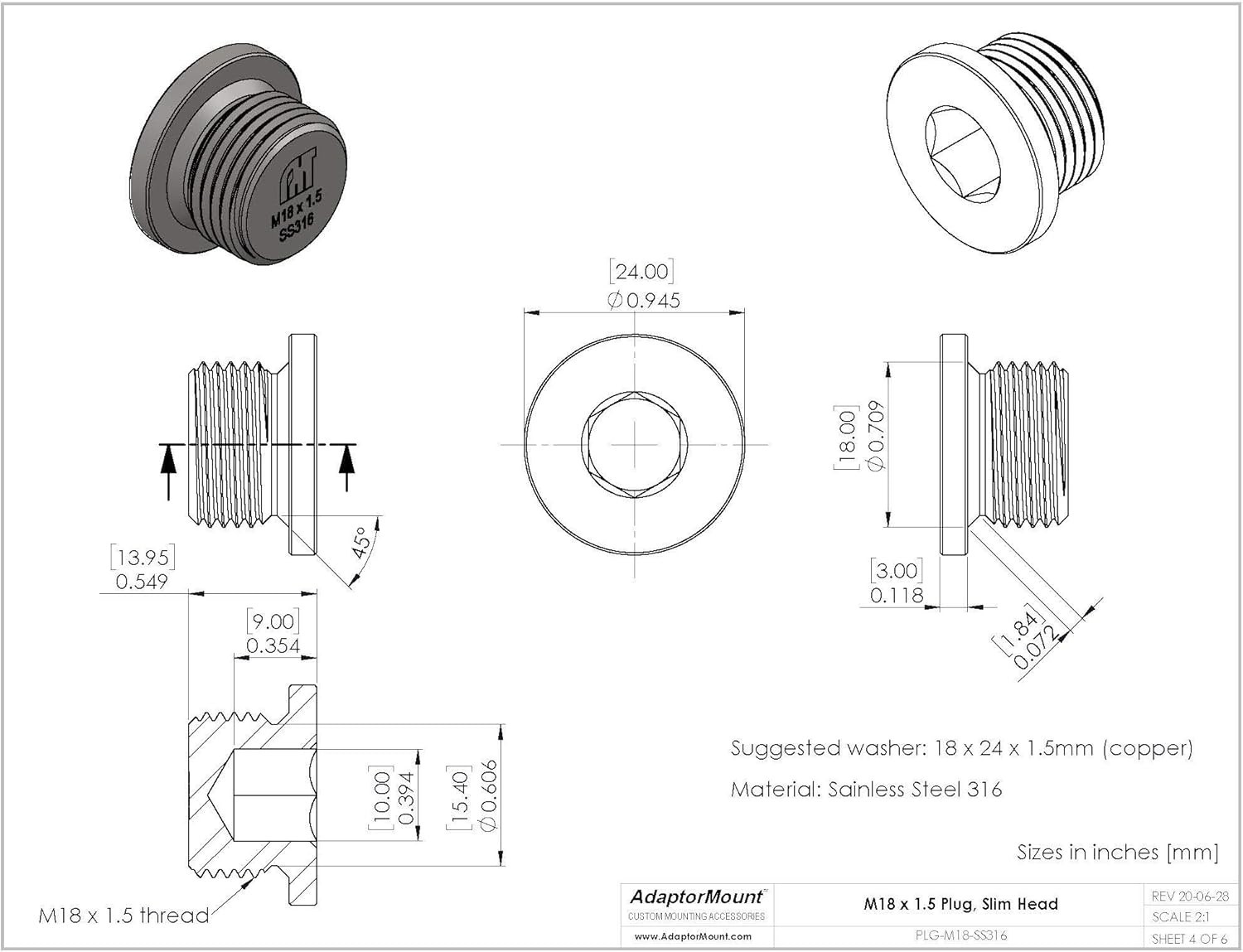 M18 x 1.5 Stainless Steel 316 Threaded Plug Fitting with Copper Washer – Slim…