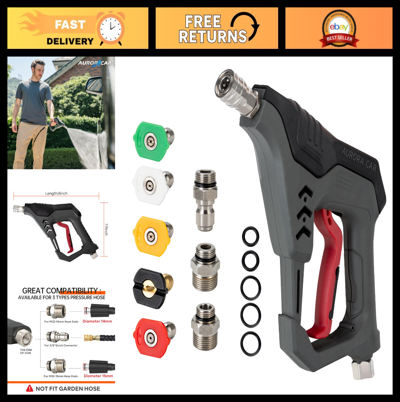 High-Pressure Washer Short Gun 5000 PSI 12 GPM, 5 Nozzle Tips, Quick Connect Fit