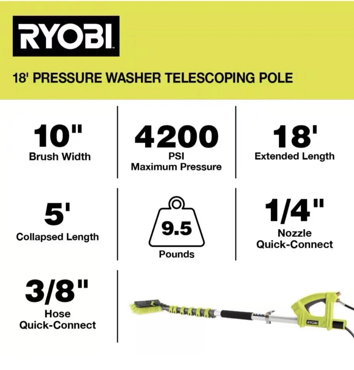 Ryobi 18ft Pressure Washer Telescoping Pole 18 ft Extension W/ Brush RY31EP26