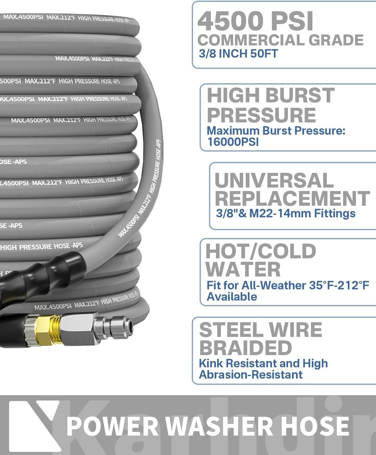 50FT 3/8″ Pressure Washer Hose 4500PSI Kink Resistant Hose M22-14mm Adapter