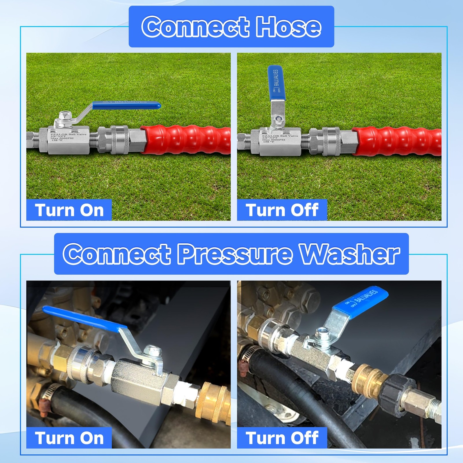 3/8 Inch Quick Connect Pressure Washer Hose Shut Off Ball Valve SS 5000PSI