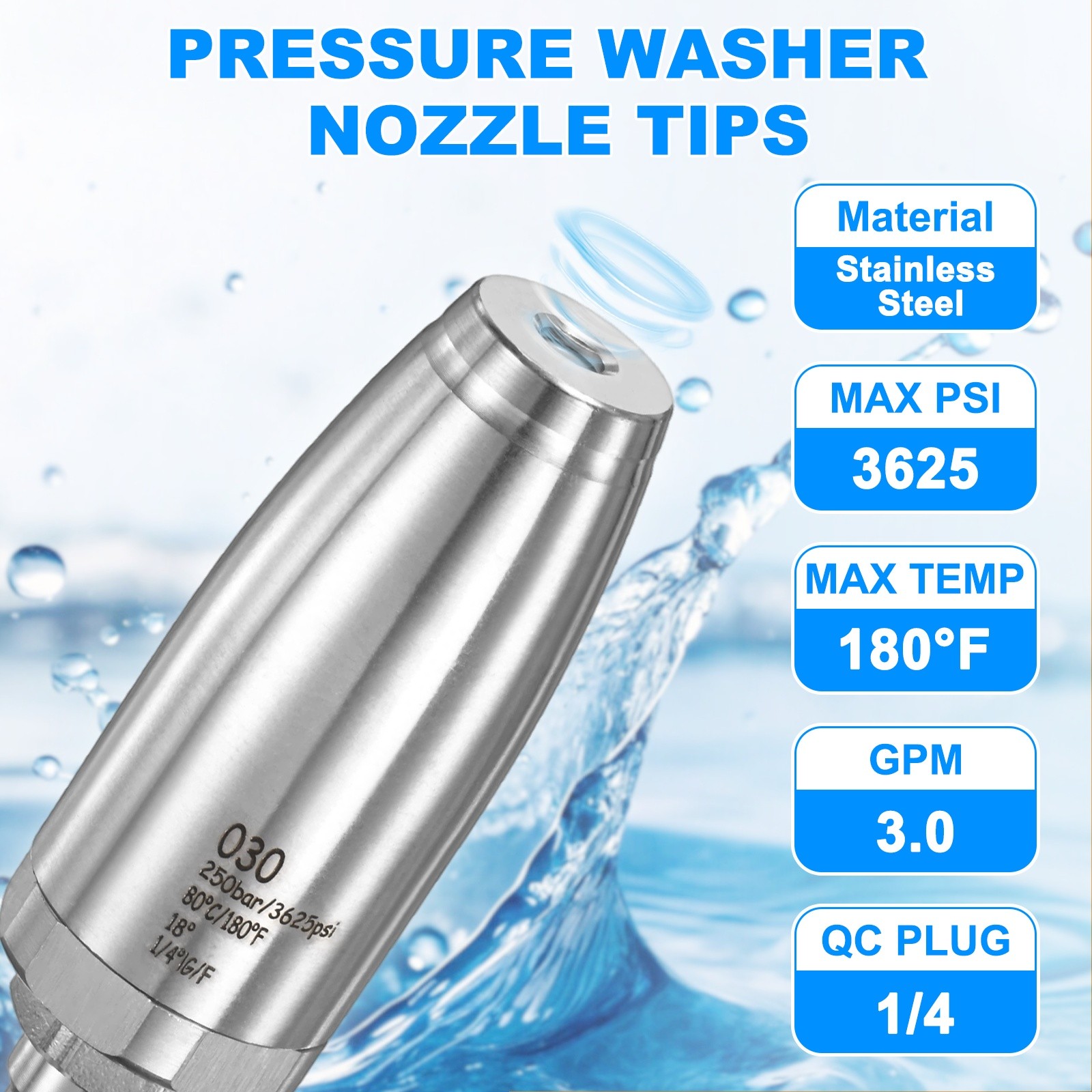 6-Pack Pressure Washer Turbo Nozzle Tips Set, 360° Rotating, 3 GPM [Silver]