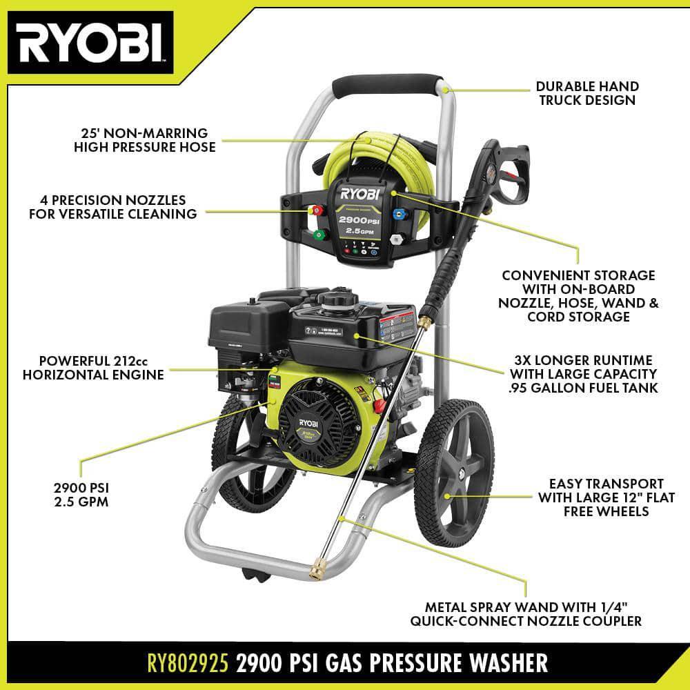 Gas Pressure Washer 2900 PSI 2.5 GPM Cold Water 212cc Engine 4 Connect Nozzles