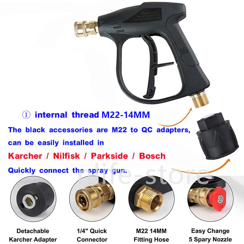 M22 14MM Pressure Washer Gun Kit For Karcher K2 K3 K4 K5 K6 K7 Hose Wand Lance