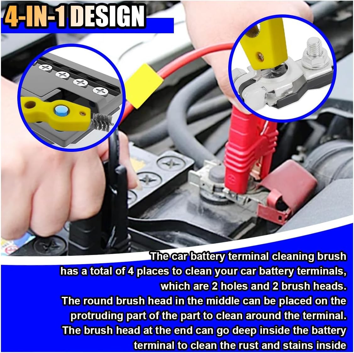 4 in 1 Car Battery Terminal Cleaner, Post 1PC, Yellow