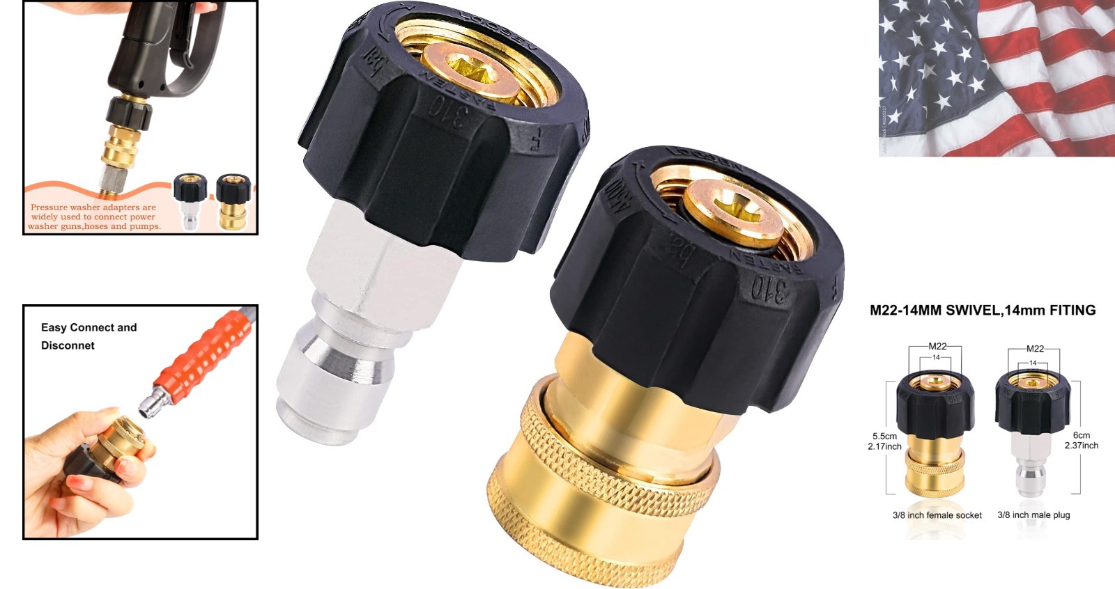 Pressure Washer Adapter Set, M22 14mm to 3/8 inch Quick Connect and Disconnec…