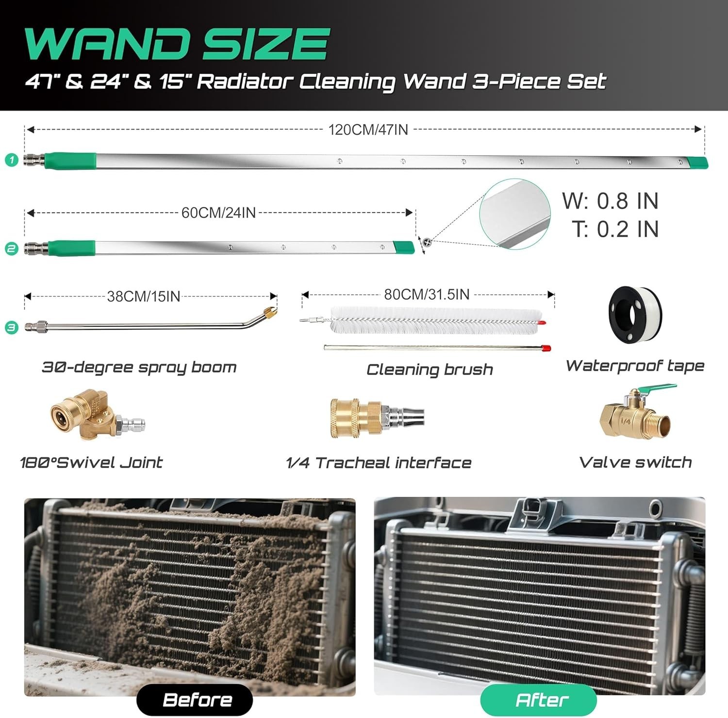 5Pc Radiator Cleaning Wand Set 47″ 24″ 15″ 4500 PSI Pressure Washer Cleaner