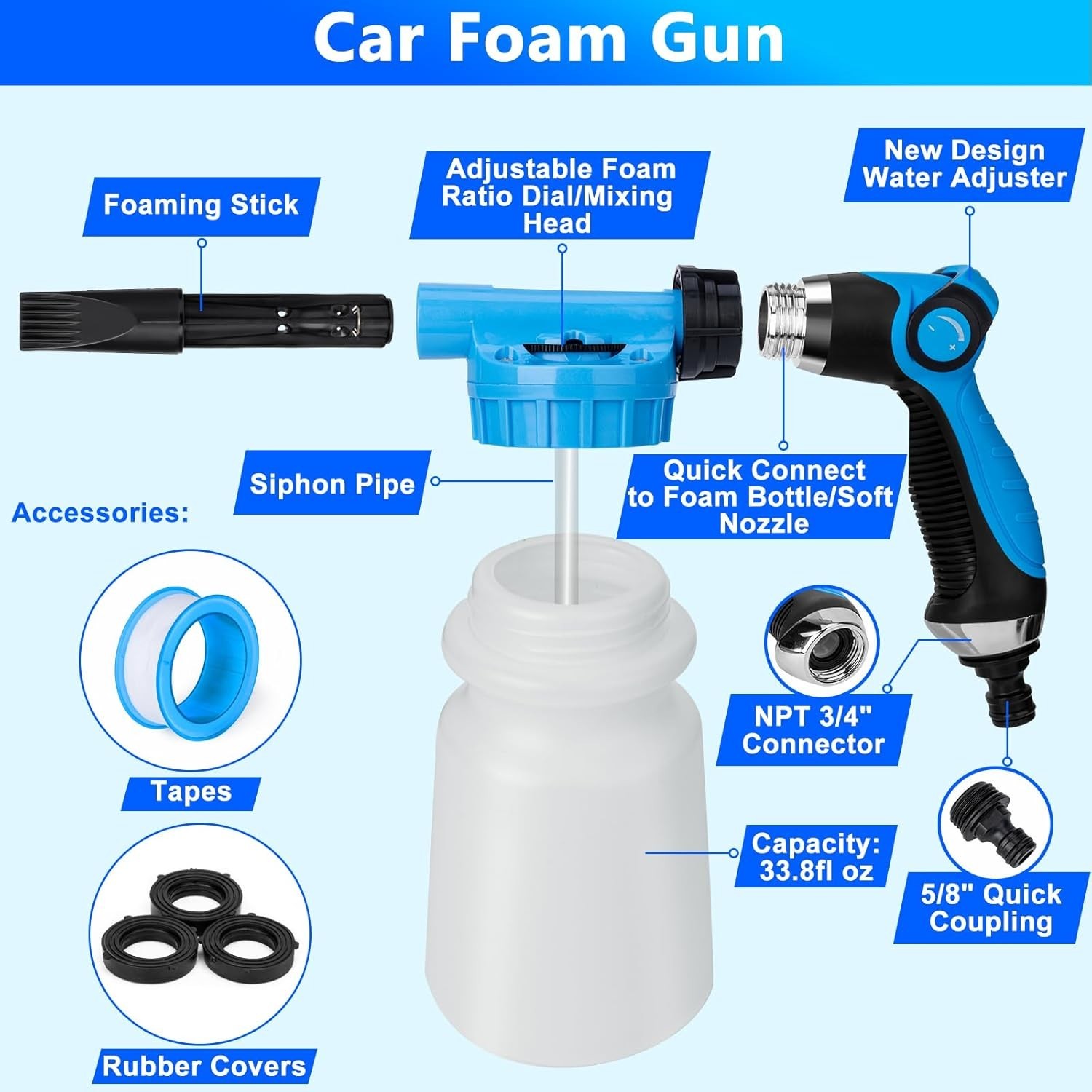 Car Wash Kit Foam Gun Brush Mop Bucket Detailing Tools Set