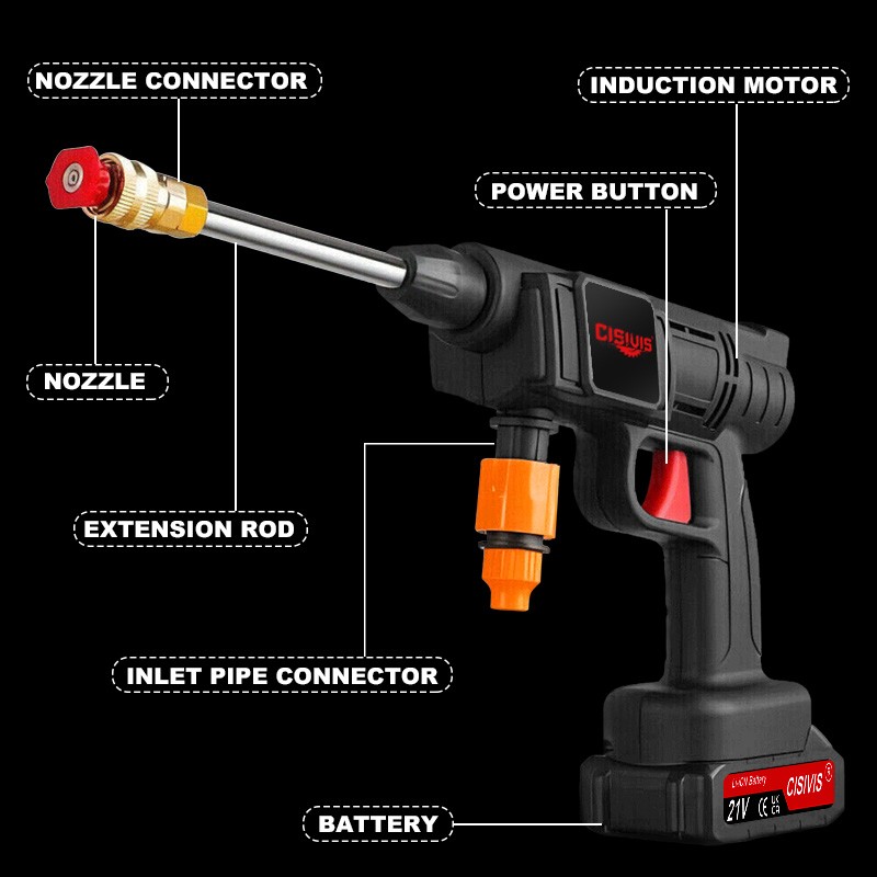 Cordless High Pressure Car Washing Gun Pressure Washer Gun with 2 Nozzle CISIVIS