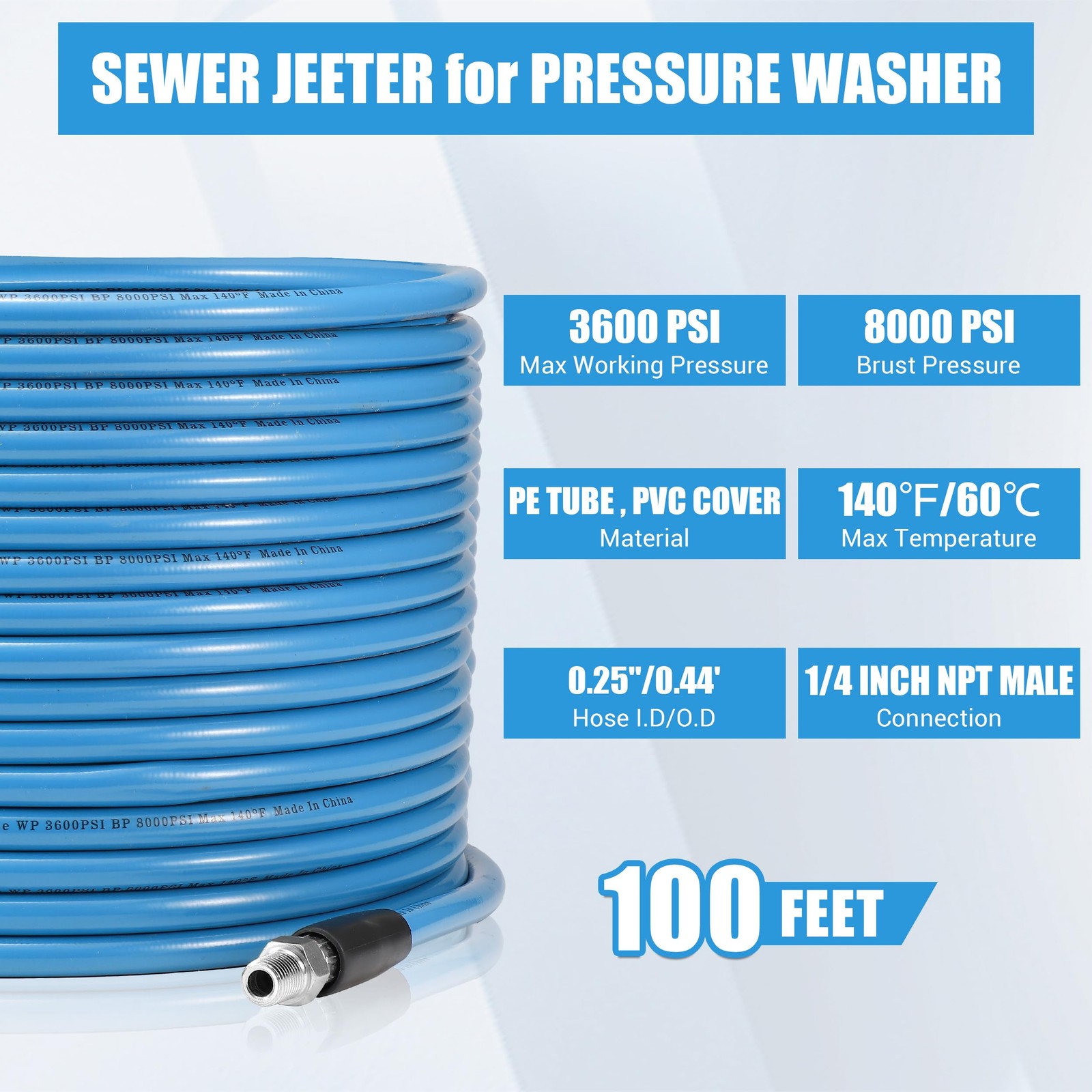 Sewer Jetter Kit for Pressure Washer 100FT, 3600 PSI Drain Cleaning Hose with…