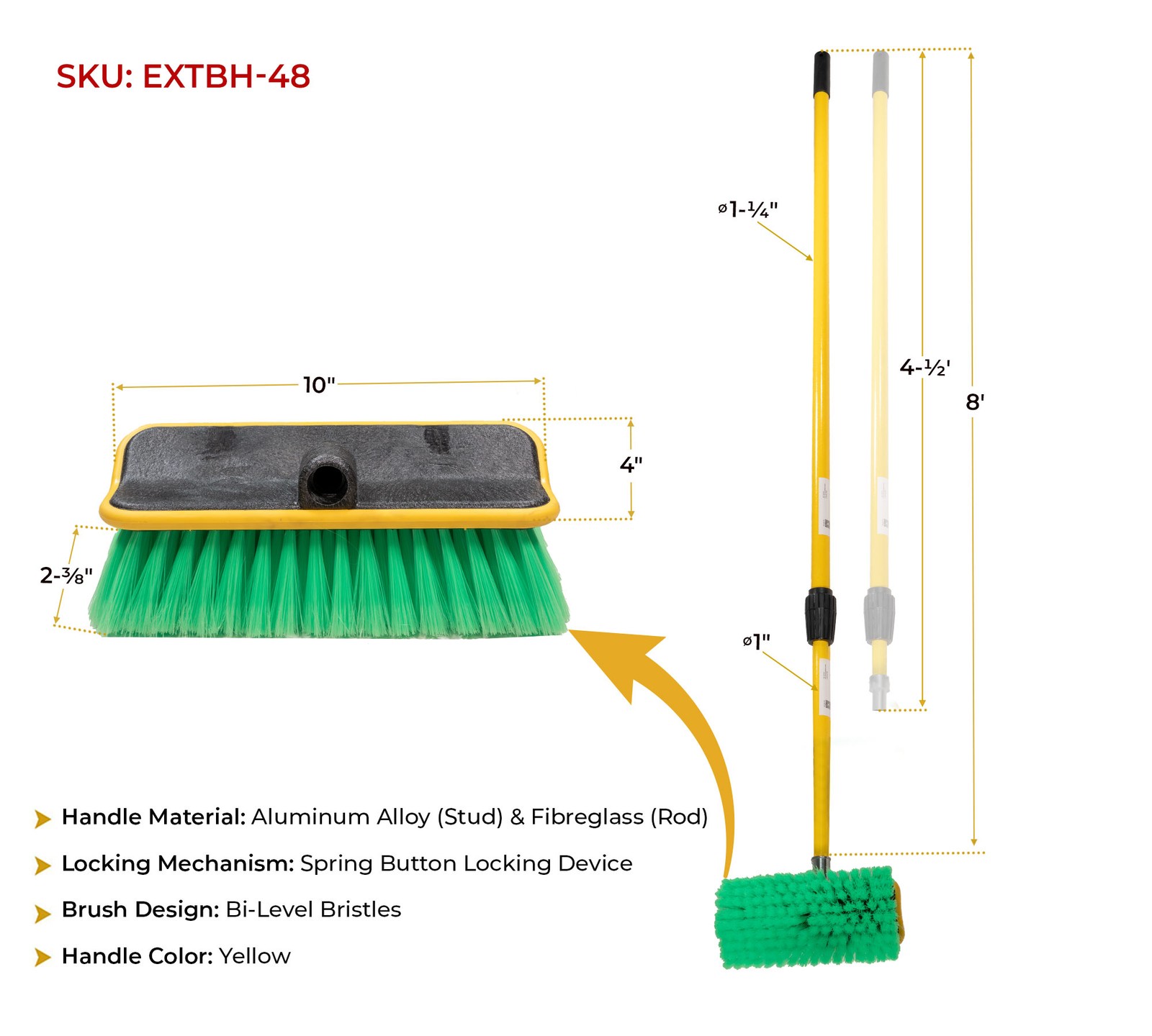 4Pc 10″ Bi-Level Car Wash Brush & 4′ to 8′ Long Handle w/Soft Bristles for Truck