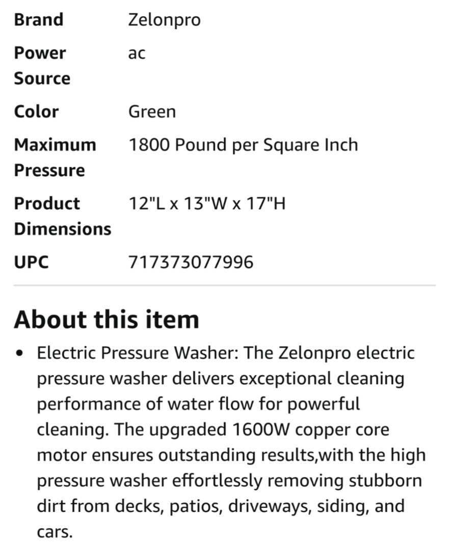 1800 psi home pressure washer-1.2GPM- Zelenpro Yao- Brand New in unopened box