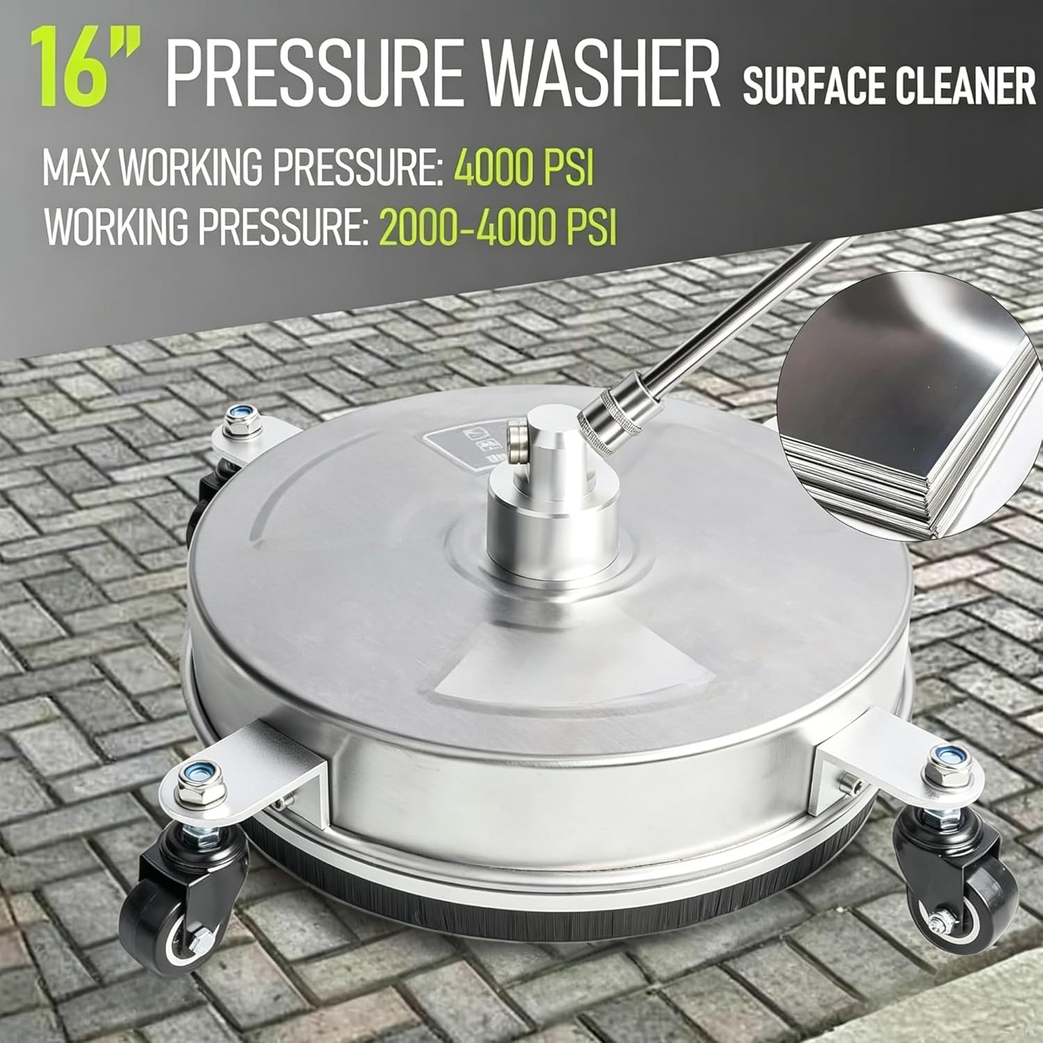 16″ Stainless Steel Pressure Washer Surface Cleaner with 4 Wheels, 4000 PSI