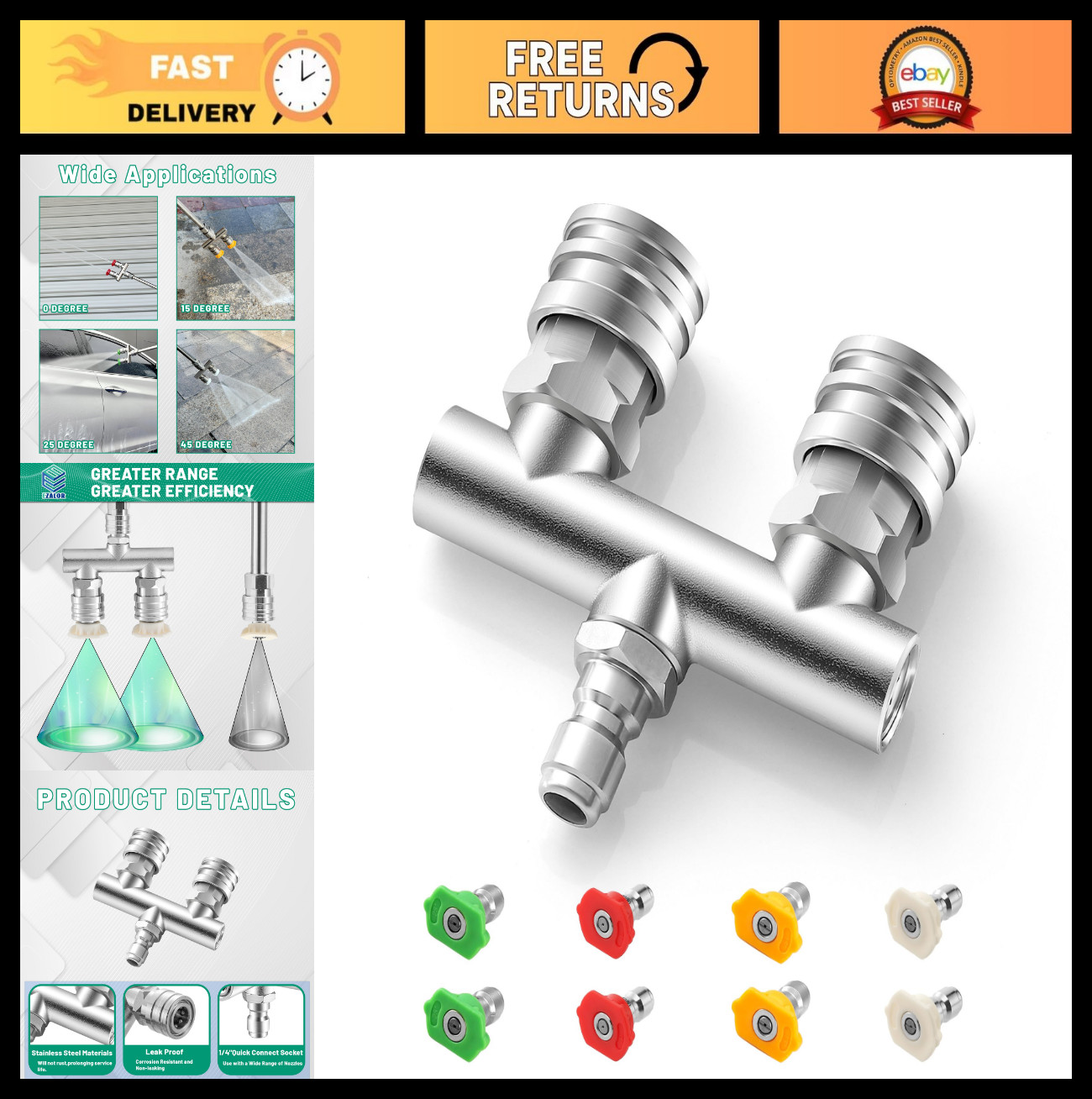 2-in-1 Pressure Washer Nozzle Tips, Dual Spray Nozzles & 8PCS Quick Connect Set,