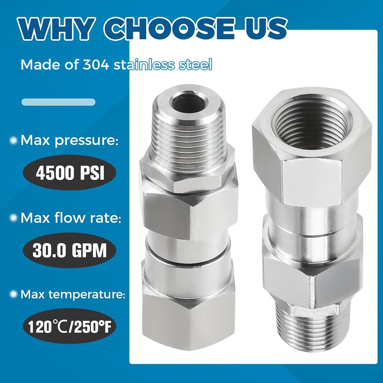 2 Pack 3/8″ NPT Pressure Washer Swivel Fittings, Stainless Steel 3/8″ Male to Fe