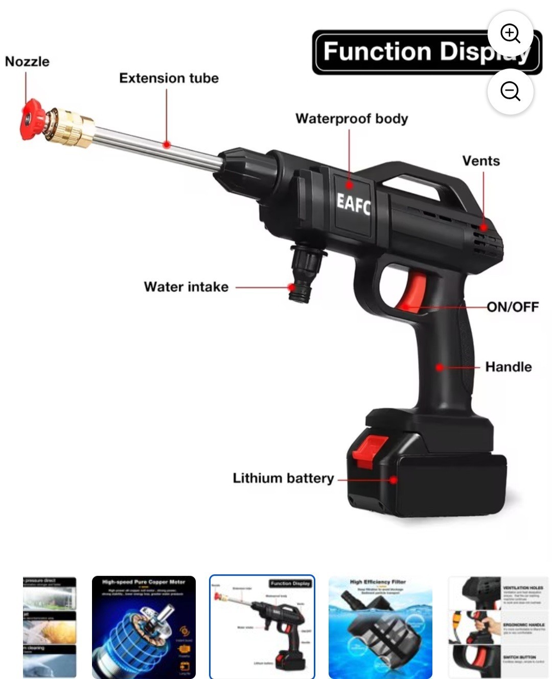 EAFC Cordless Battery Cold Water Pressure Washer Gun Kit Hose Nozzles Charger