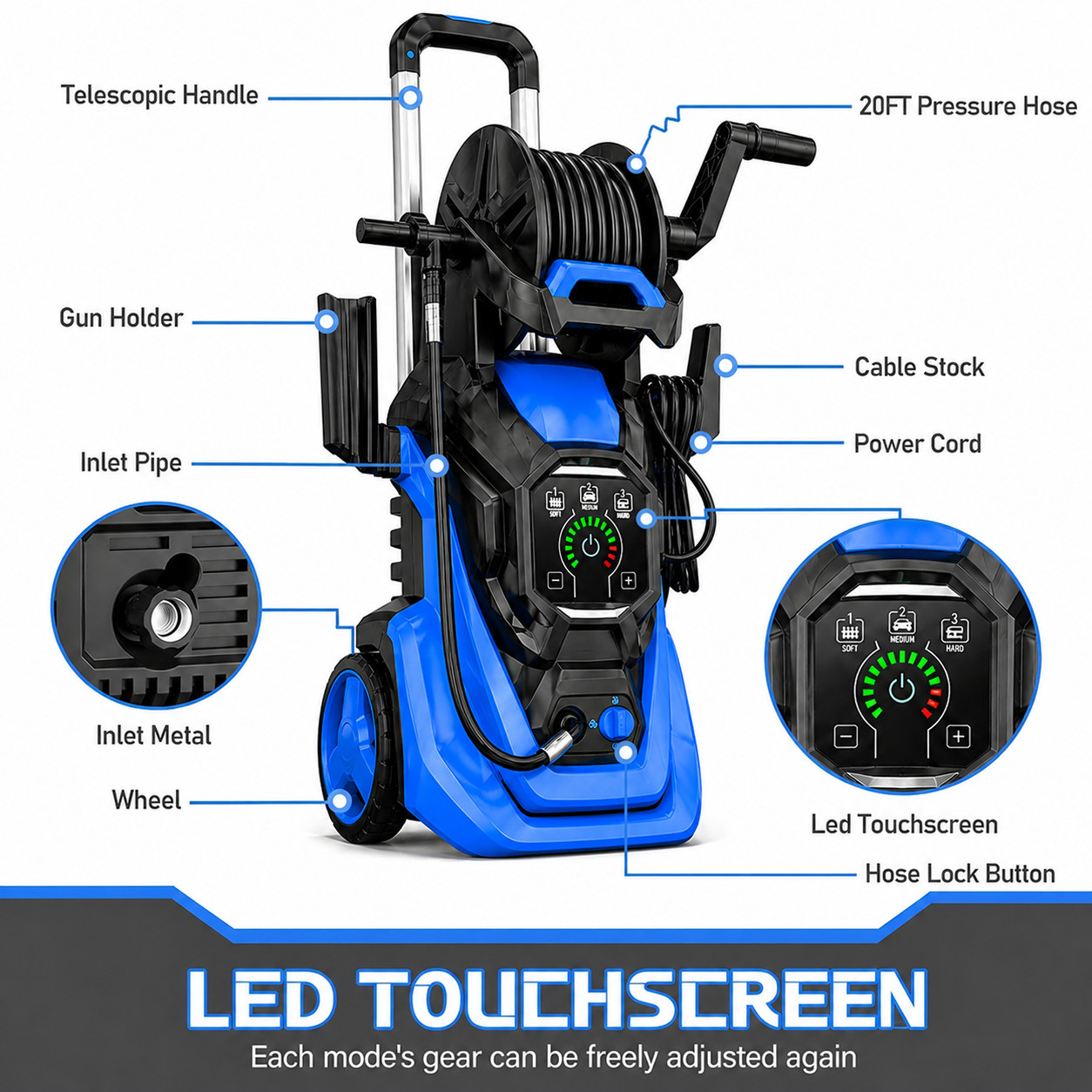Electric Pressure Washer 4500PSI 3.0GPM with Adj-15-Level Touch Screen For patio