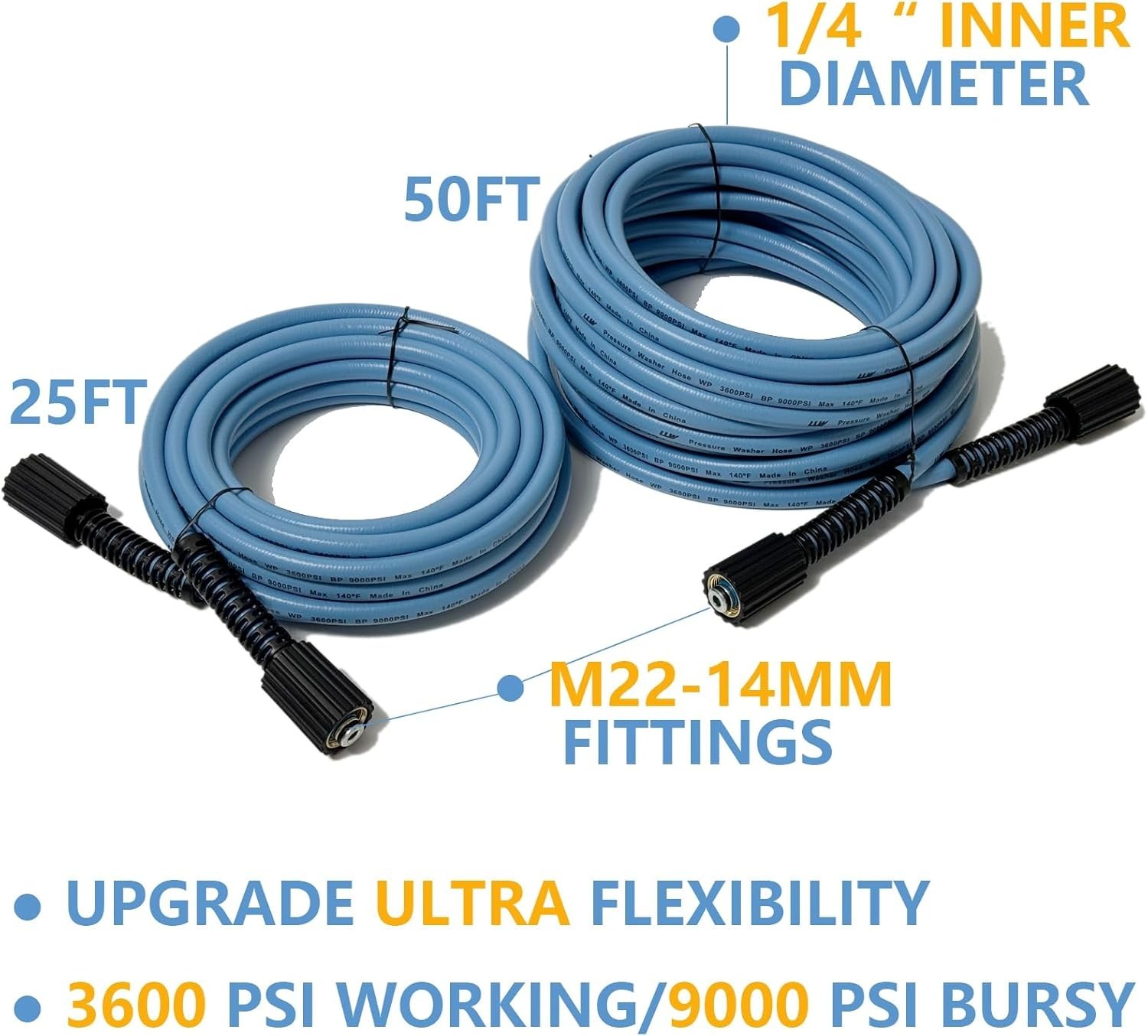 Durable 25FT 1/4-inch Pressure Washer Hose – 3600PSI Compatible with All Brands