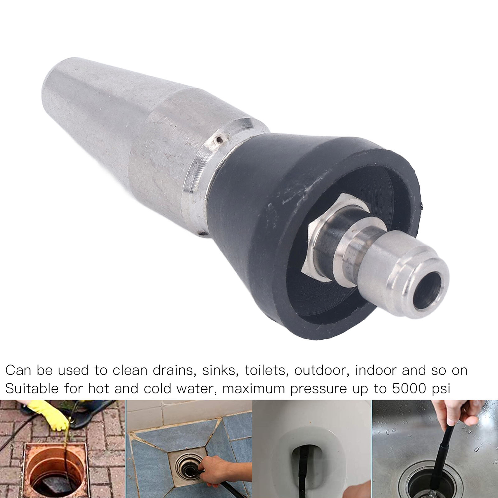 Pressure Washer Nozzle Pointed 5000PSI Large Head Rear 3 Holes 1/4in NPT