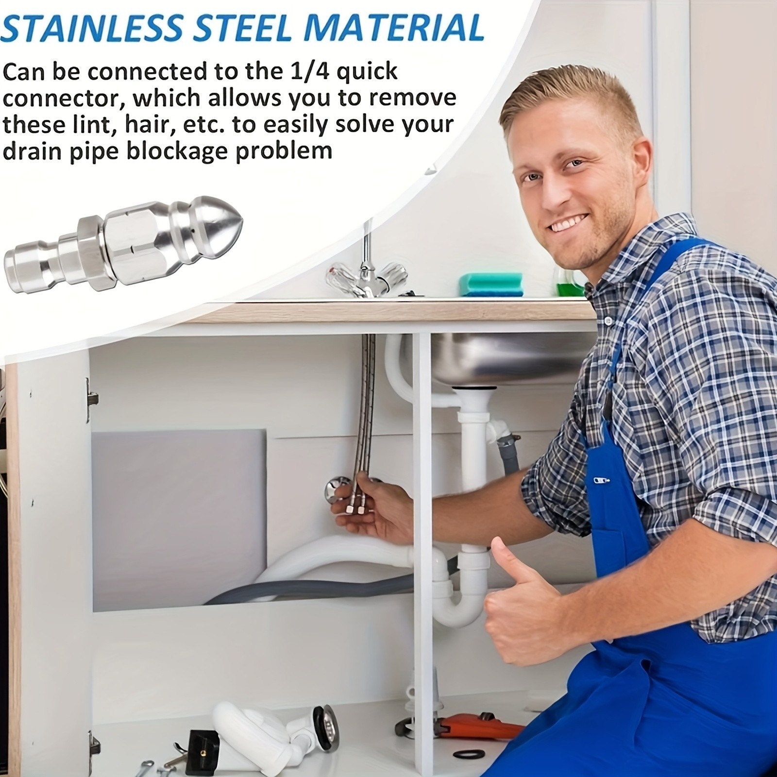 Stainless Steel Pipe Drain Cleaning Nozzle – 1/4 Quick Connect for Clog Removal