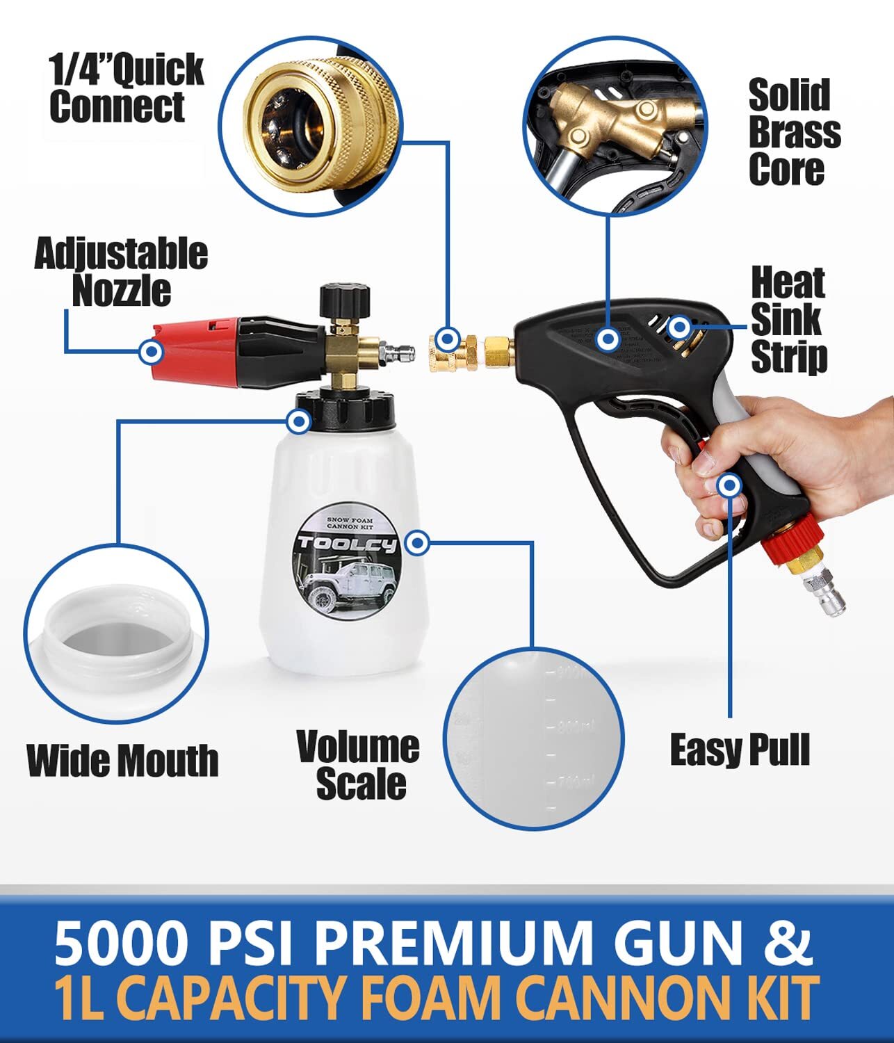 Foam Cannon Kit With Pressure Washer Gun 5000 Psi 5 Nozzle Tips 1/4″ Quick Conne