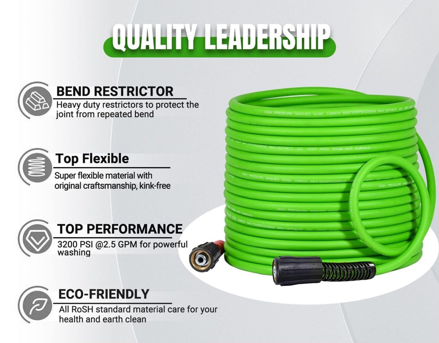 Super Flexible High Pressure Washer Hose 1/4″ M22-14mm & 15mm Female Connect 50′