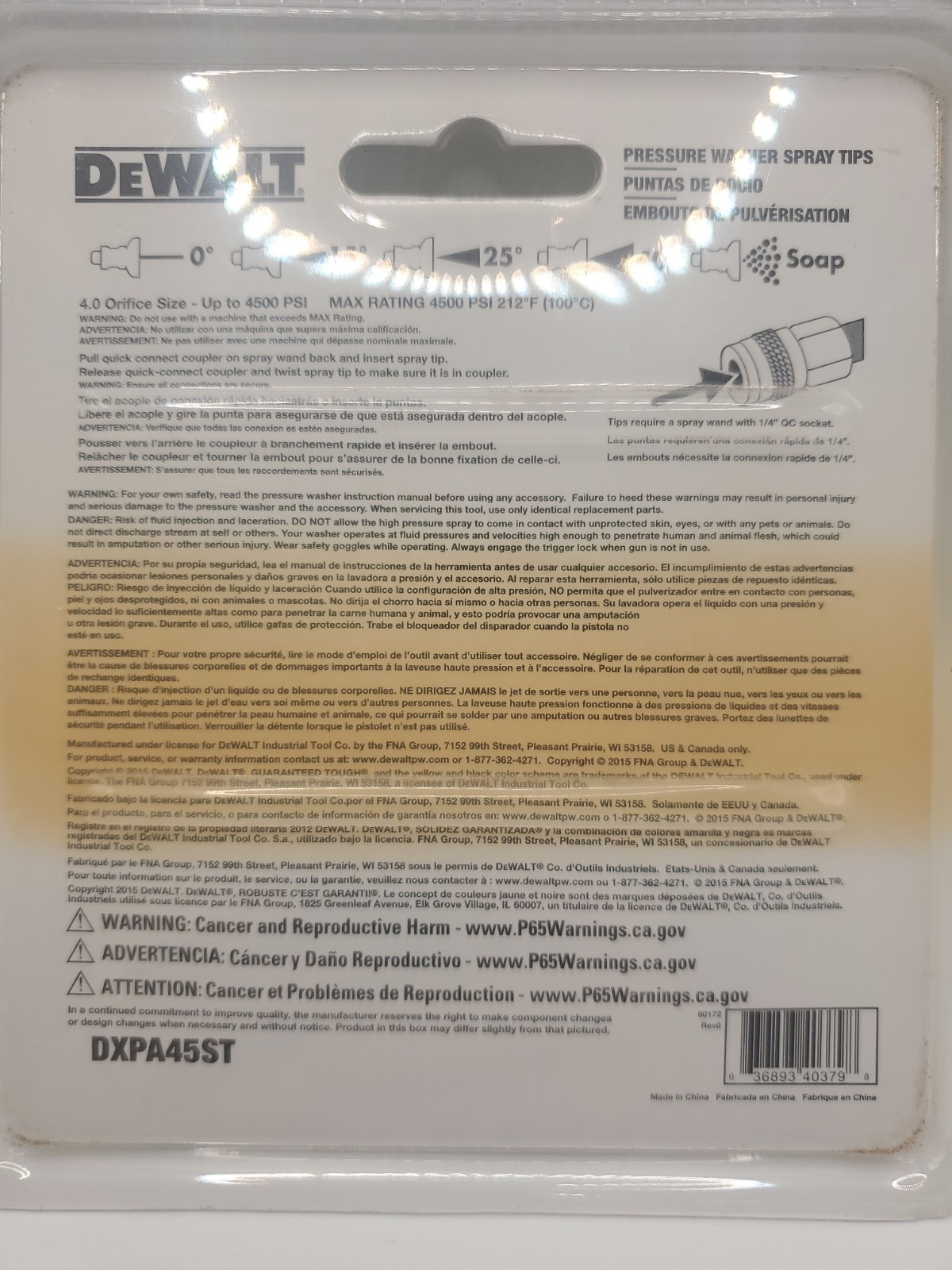 Dewalt 4500 PSI Pressure Washer Spray Tips DXPA45ST