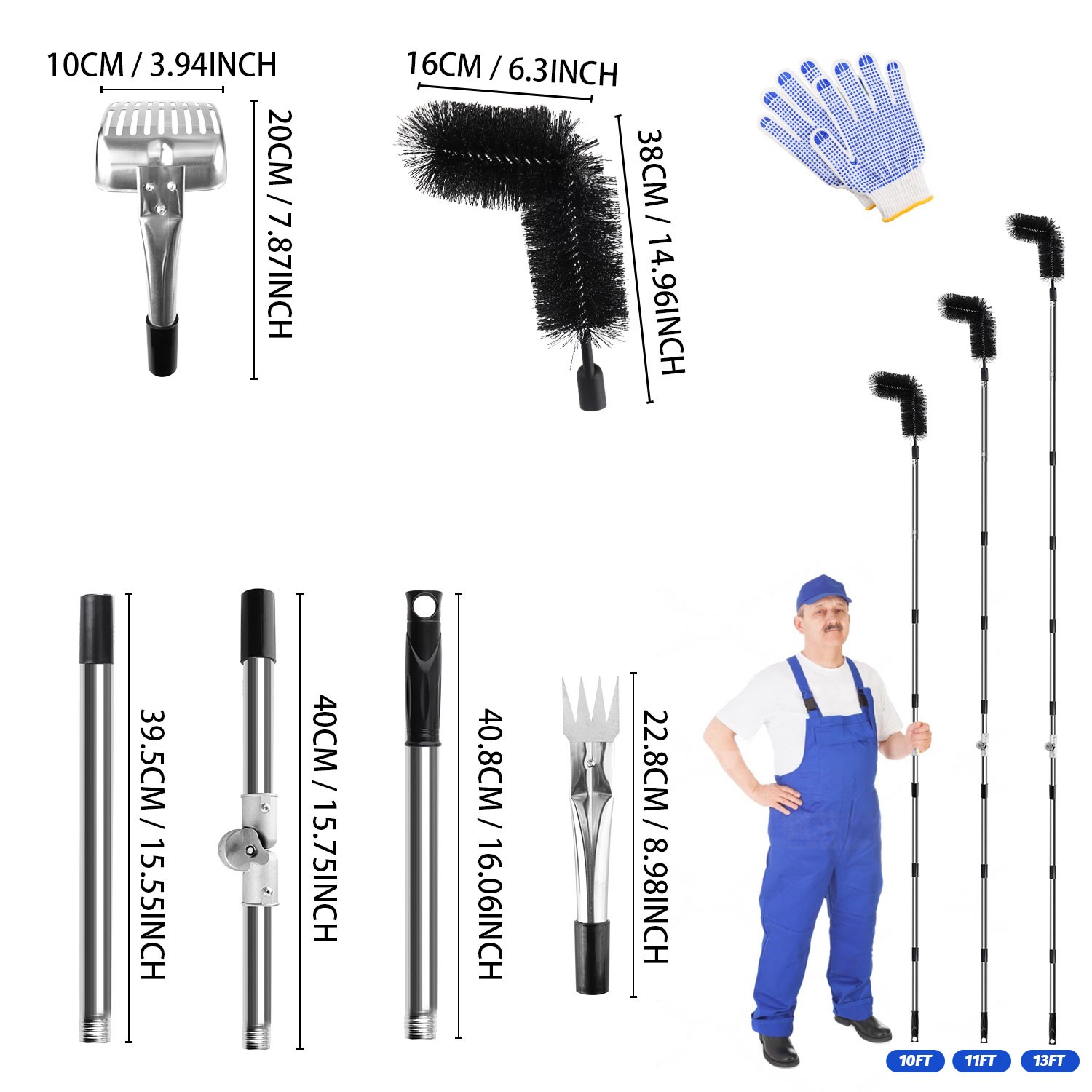 3-in-1 Gutter Cleaning Tools with Brush Rake Scoop Glove 180° Rotating Pole