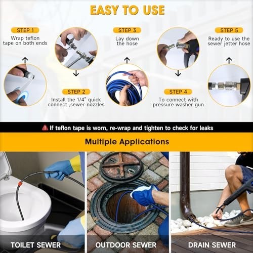 Sewer Jetter Kit for Pressure Washer 50ft 5800 PSI Drain Hose Nozzle