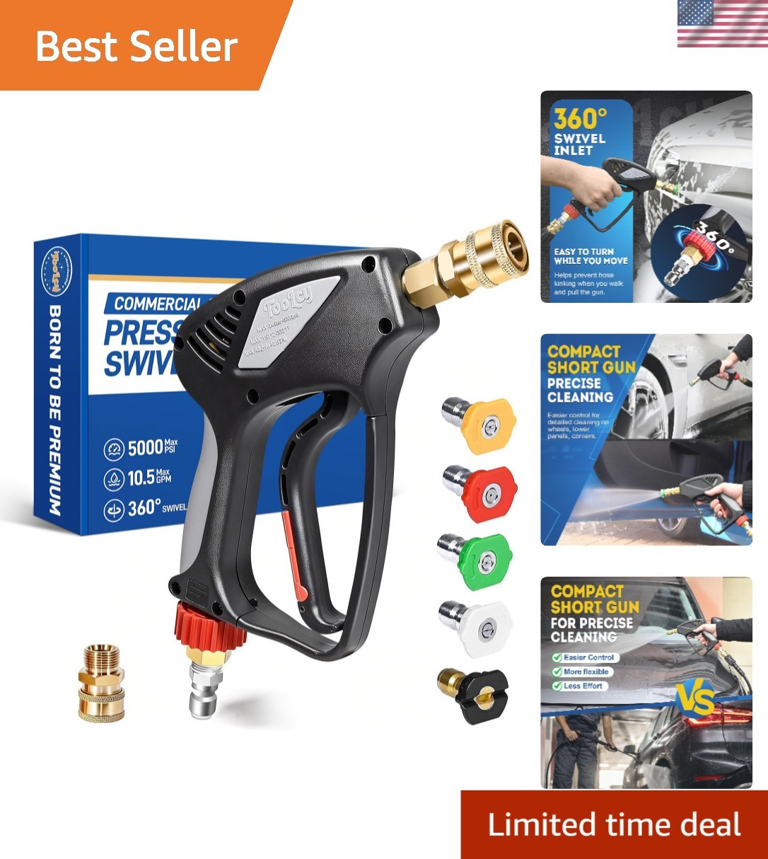 Professional 5000 PSI Compact Pressure Washer Gun with Nozzle Attachments
