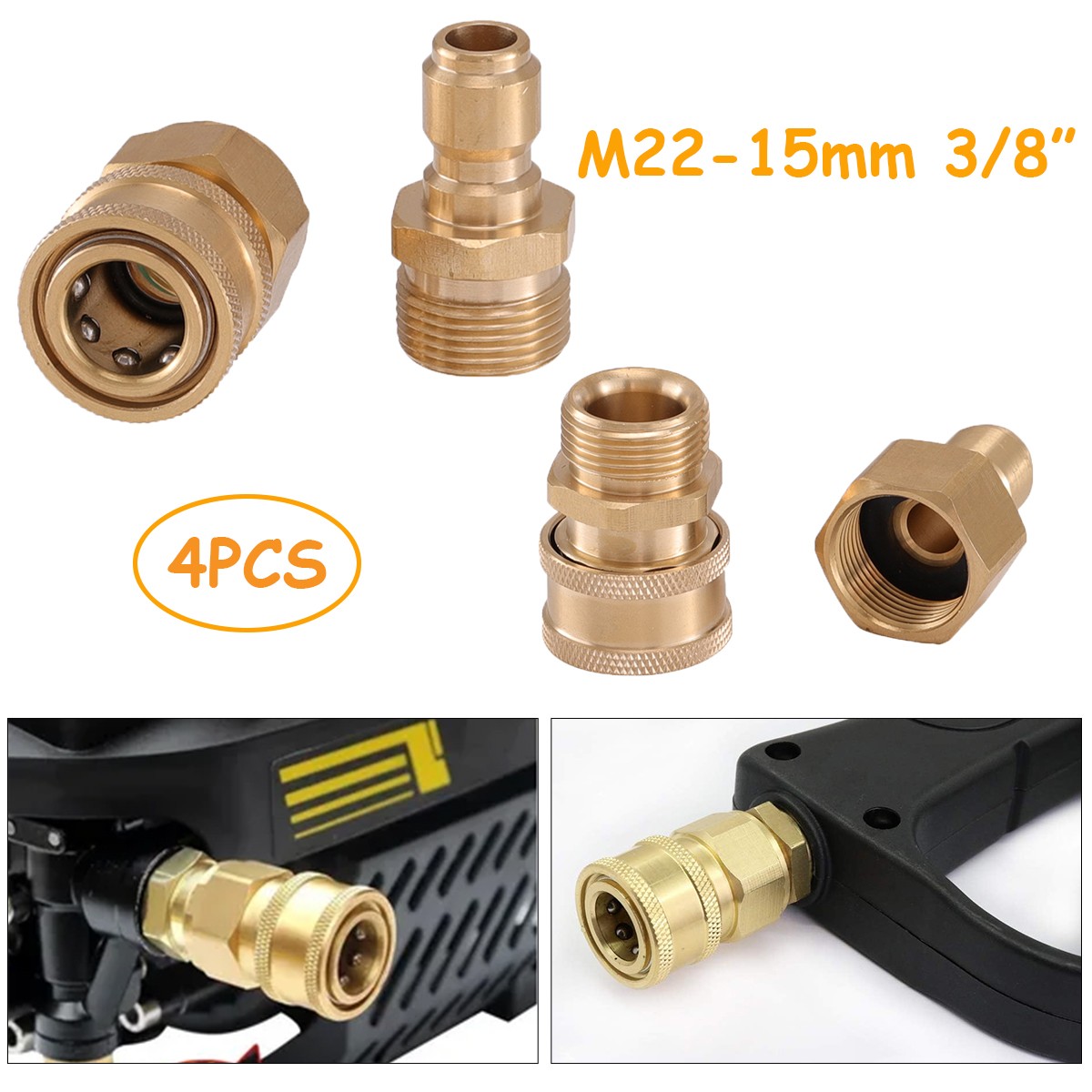 4Pc Pressure Washer Adapter Set Quick Disconnect Kit M22 Swivel to 3/8” Connect
