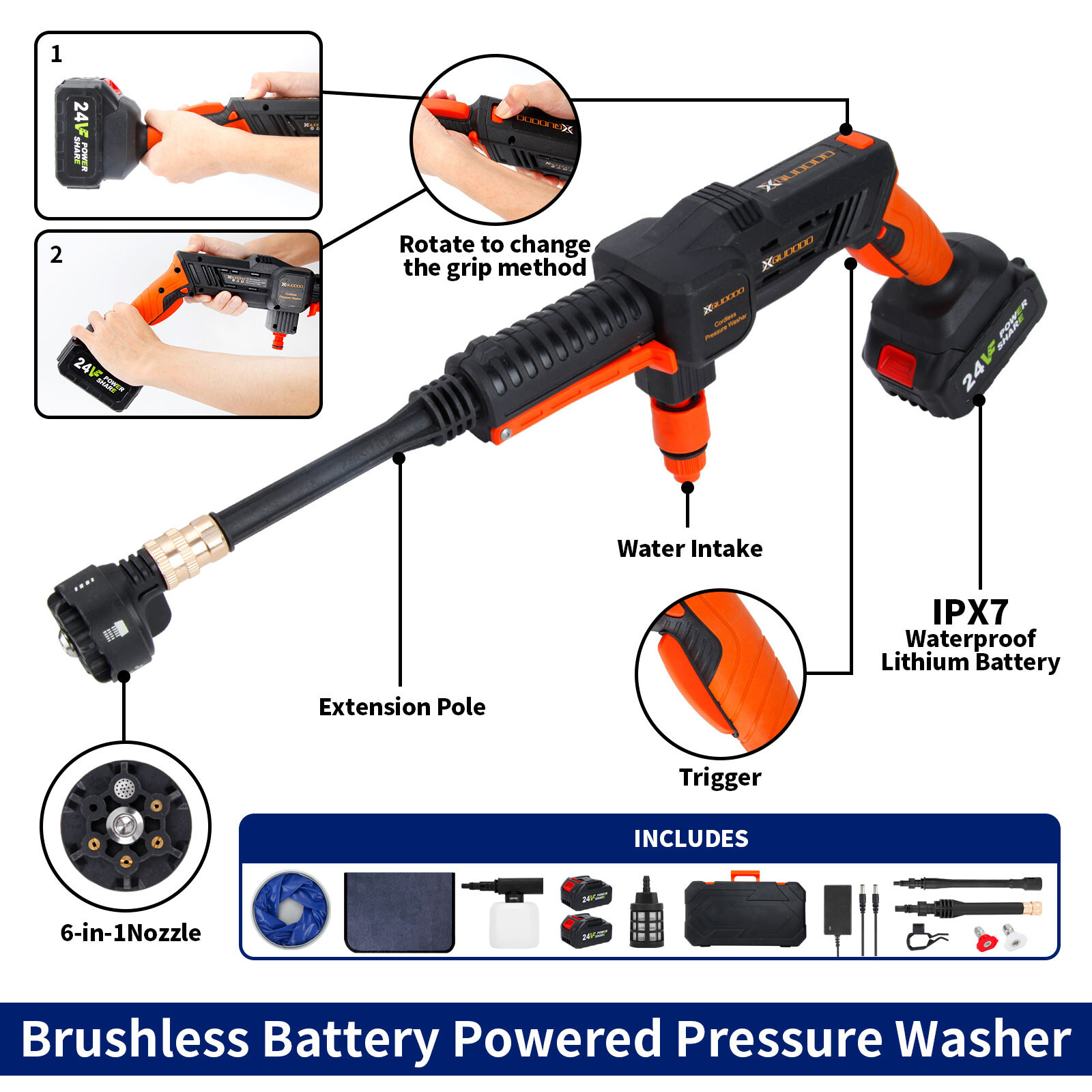 Cordless Pressure Washer Gun 3 Water Supply 2 Batteries 800PSI 6 in 1 Nozzle
