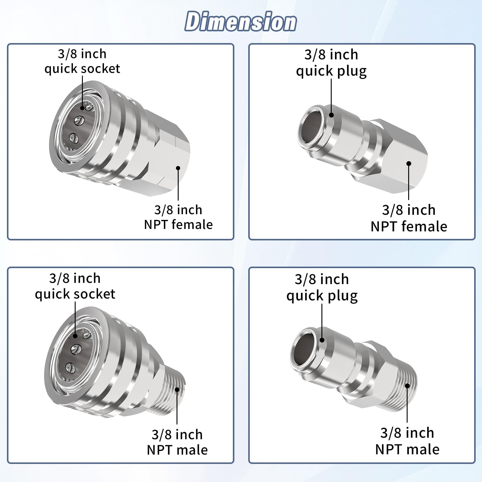 8 PCS 3/8 Inch Pressure Washer Quick Connect Kit Power Hose Adapter Stainless