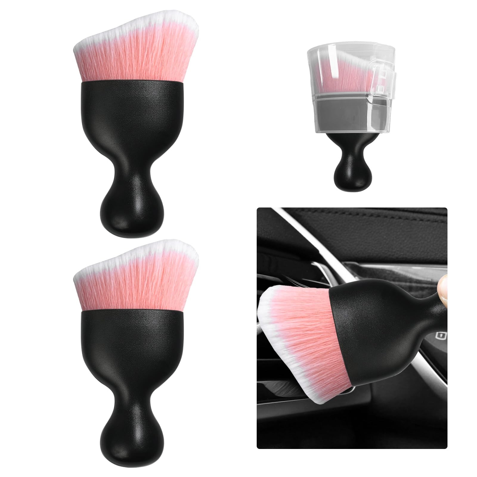Ziciner 2 PCS Car Detailing Brush, Curved Soft Bristles 2 PCS, Pink/White