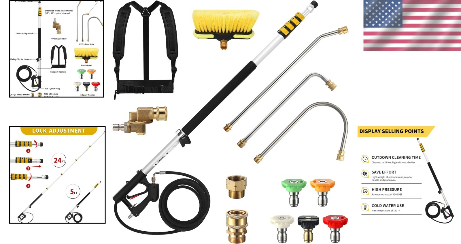 Complete Gutter Cleaner Kit 24 Feet Extension Wand with Nozzle Tips Included