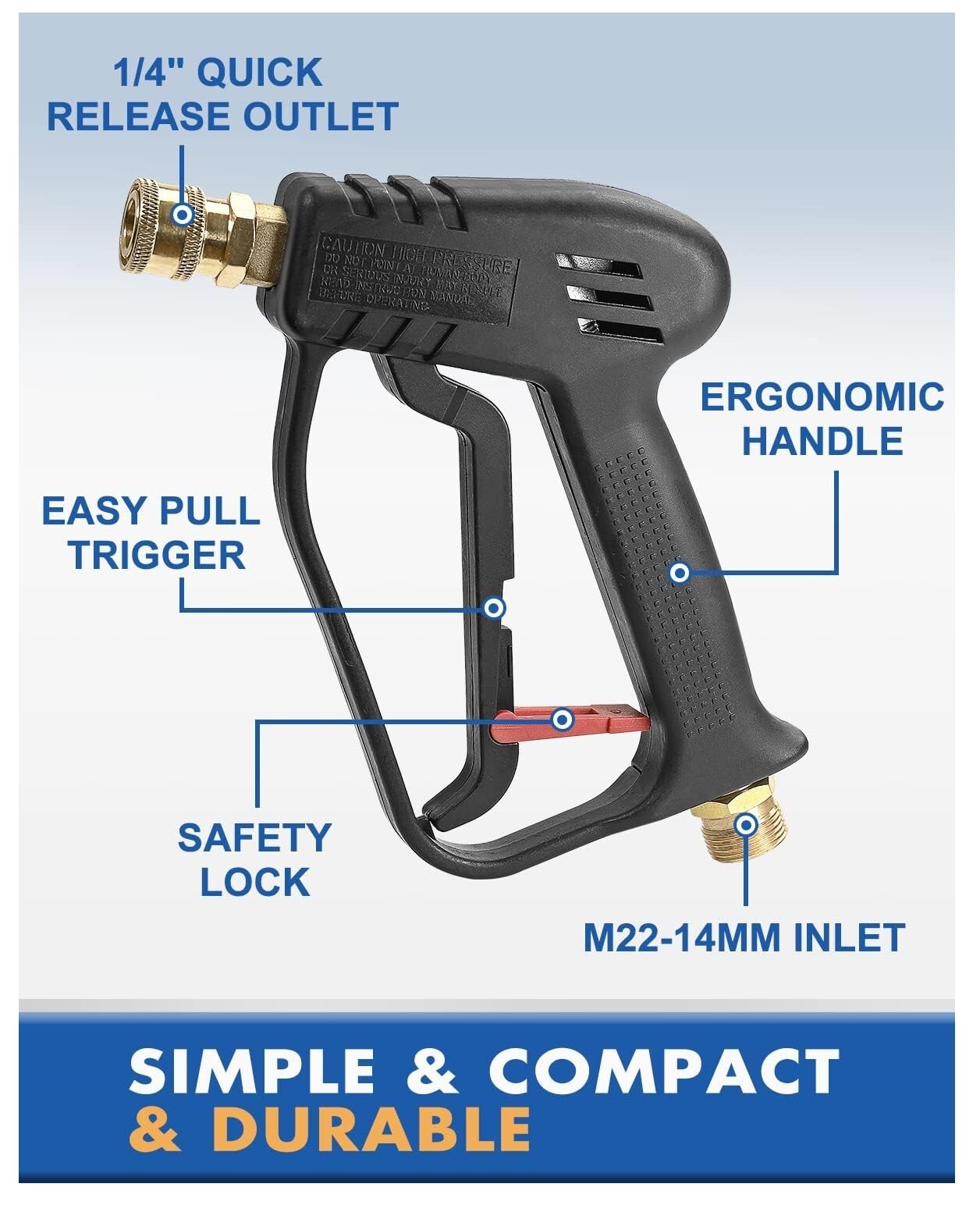 Short Pressure Washer Gun with M22-14mm Inlet, Stubby High Pressure Handle Gun