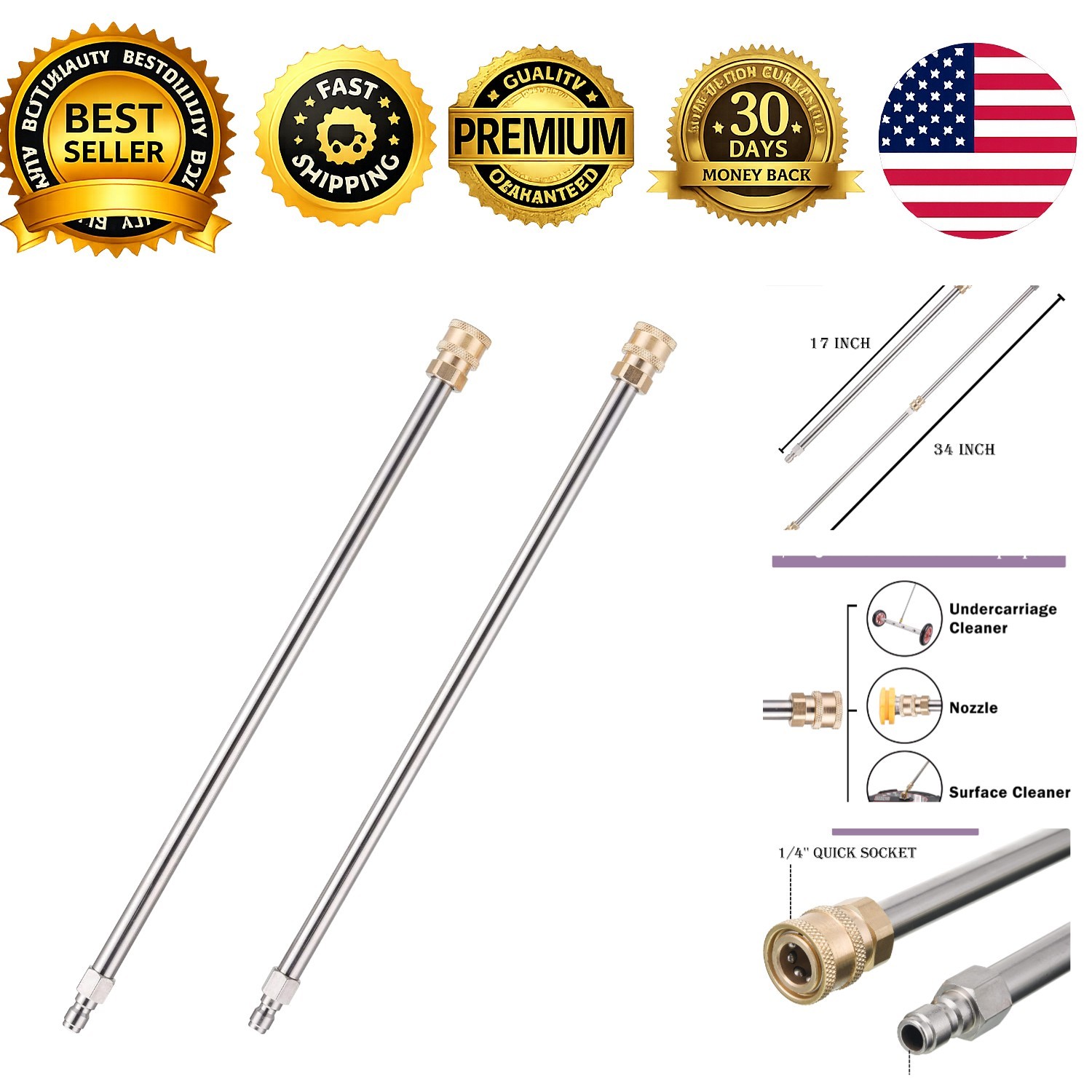 Power Washer Extension Wand 17 Inch Stainless Steel Pressure Washer Lance 1/4