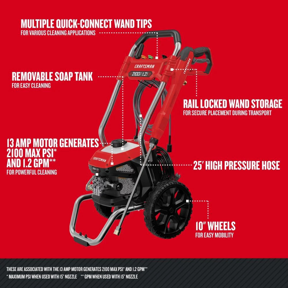 Craftsman 2100 Psi 1.2 Gpm Electric Cold Water Pressure Washer With 5 Spray
