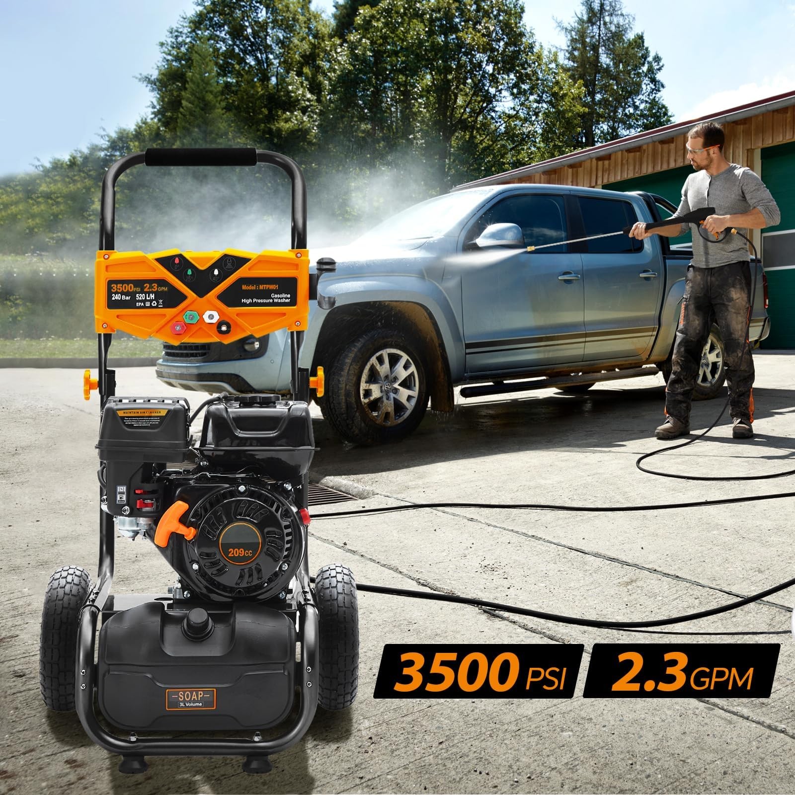 Efurden 3500PSI Gas Pressure Washer 2.3GPM Gas Powered Washer 25 Feet&Soap Tank