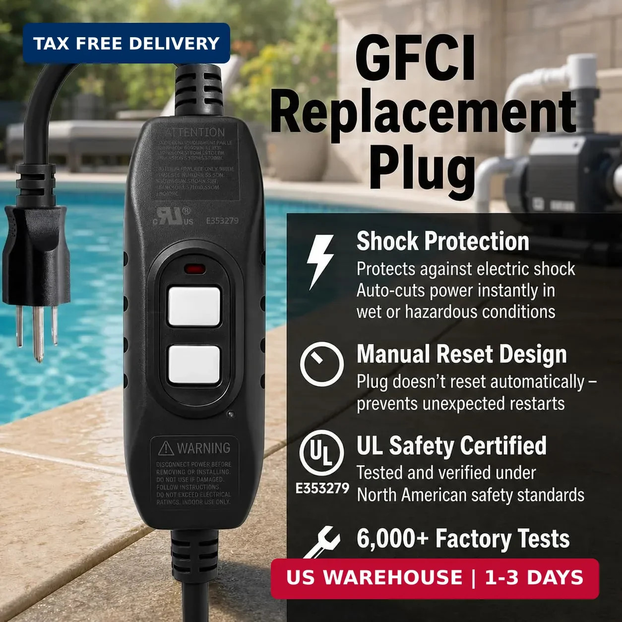 Kaper GFCI Plug Replacement, UL Safety Certified, 15 Amp Auto-Monitor Waterproof