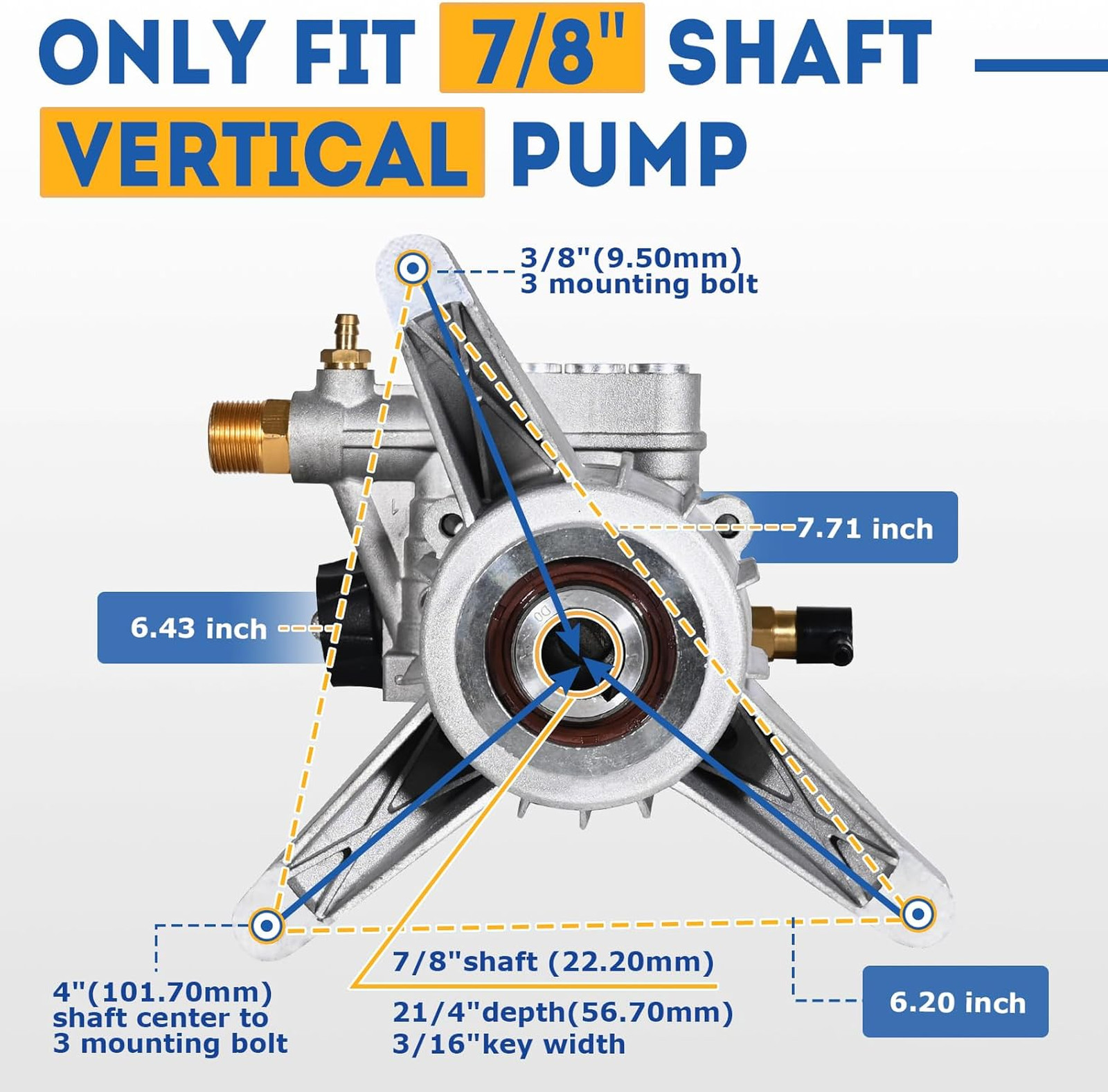 7/8 Inch Shaft Pressure Washer Pump Vertical Max 3400 PSI 2.5 GPM Replacement