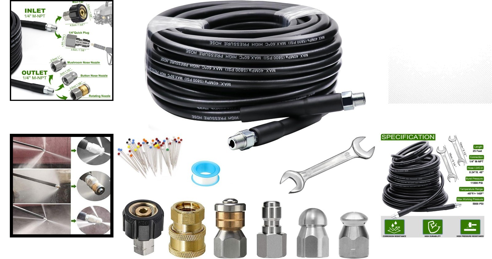 25 FT High-Pressure Sewer Jetter Kit – 5800 PSI Cleaner with Multiple Nozzles